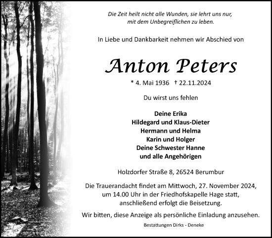 Traueranzeige von Anton Peters von Ostfriesischer Kurier