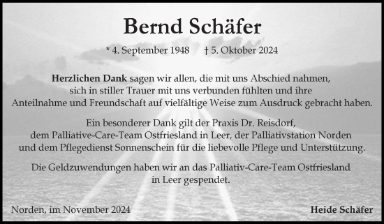 Traueranzeige von Bernd Schäfer von Ostfriesischer Kurier