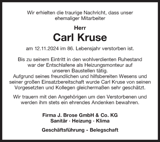 Traueranzeige von Carl Kruse von Ostfriesischer Kurier