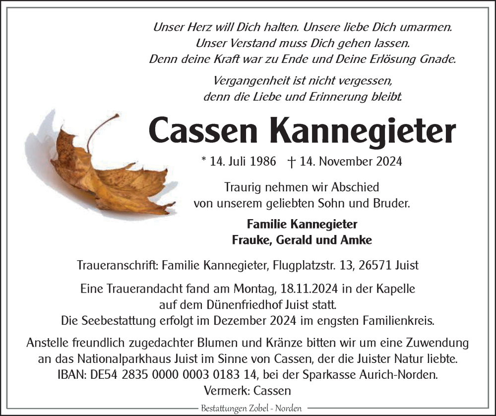  Traueranzeige für Cassen Kannegieter vom 20.11.2024 aus Ostfriesischer Kurier