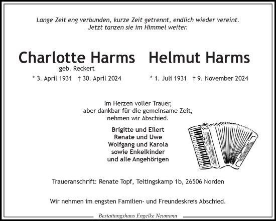 Traueranzeige von Charlotte Helmut Harms von Ostfriesischer Kurier