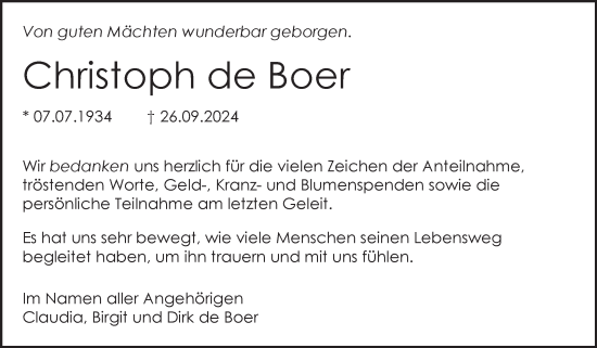 Traueranzeige von Christoph de Boer von Ostfriesischer Kurier