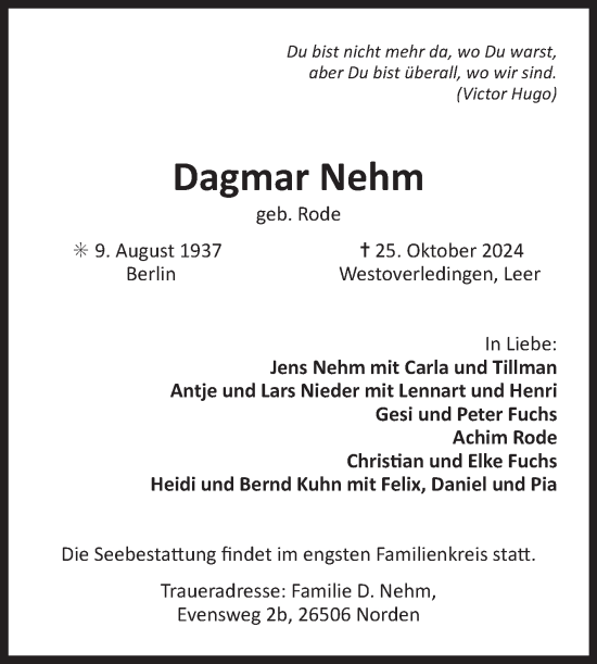 Traueranzeige von Dagmar Nehm von Ostfriesischer Kurier