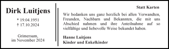 Traueranzeige von Dirk Luitjens von Ostfriesischer Kurier