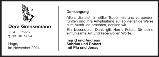 Traueranzeige von Dora Grensemann von Ostfriesischer Kurier