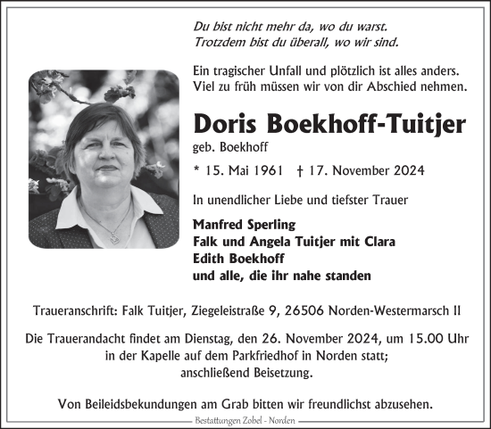 Traueranzeige von Doris Boekhoff-Tuitjer von Ostfriesischer Kurier