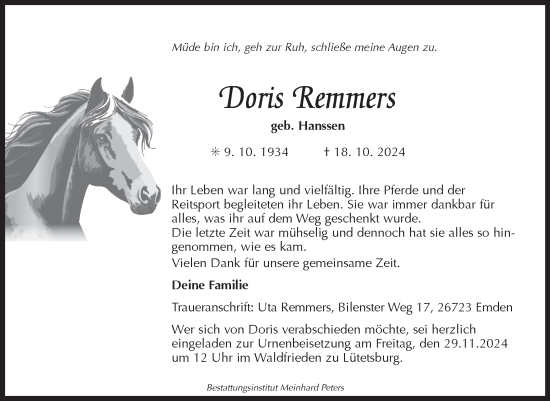 Traueranzeige von Doris Remmers von Ostfriesischer Kurier