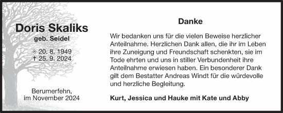 Traueranzeige von Doris Skaliks von Ostfriesischer Kurier
