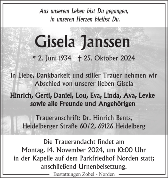 Traueranzeige von Gisela Janssen von Ostfriesischer Kurier