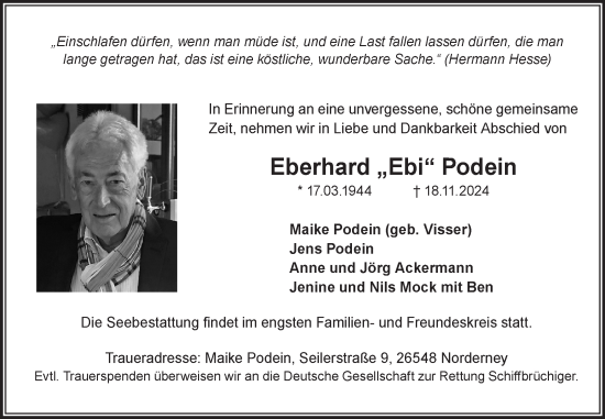 Traueranzeige von Eberhard Podein von Ostfriesischer Kurier