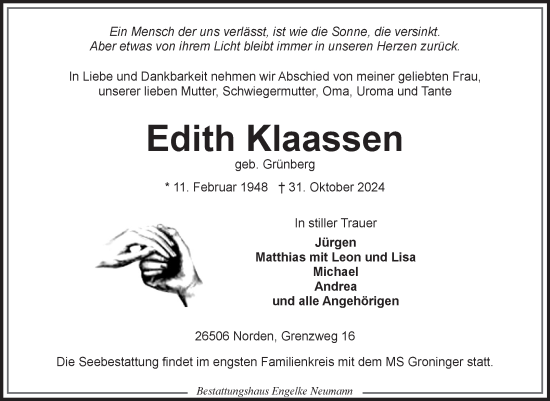 Traueranzeige von Edith Klaassen von Ostfriesischer Kurier