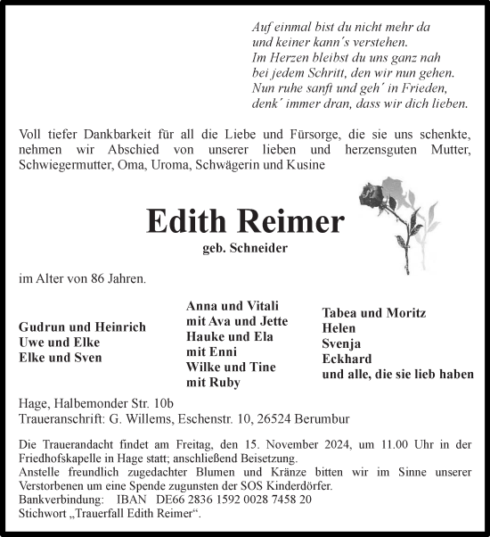 Traueranzeige von Edith Reimer von Ostfriesischer Kurier