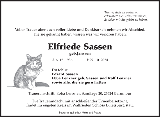 Traueranzeige von Elfriede Sassen von Ostfriesischer Kurier