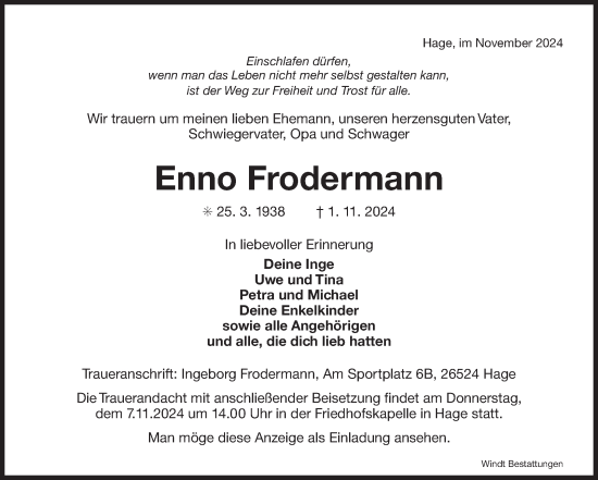 Traueranzeige von Enno Frodermann von Ostfriesischer Kurier