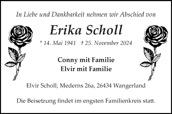Traueranzeige von Erika Scholl von Ostfriesischer Kurier