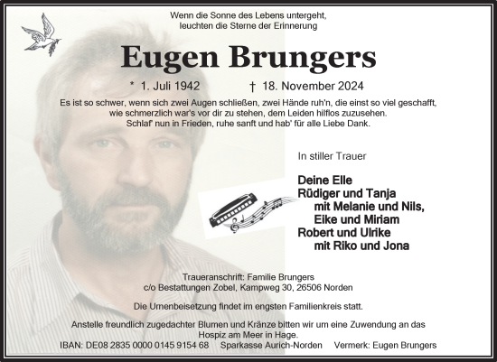 Traueranzeige von Eugen Brungers von Ostfriesischer Kurier