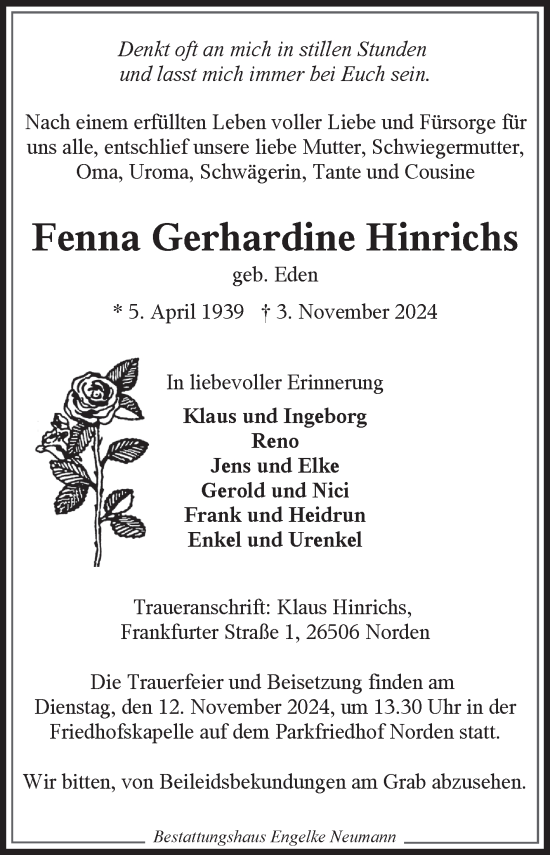 Traueranzeige von Fenna  Hinrichs von Ostfriesischer Kurier