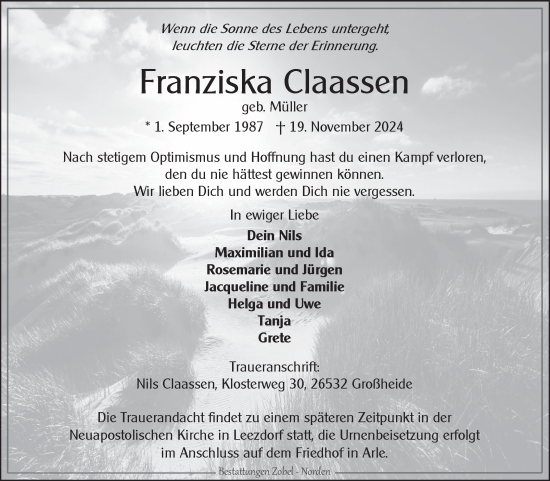 Traueranzeige von Franziska Claassen von Ostfriesischer Kurier