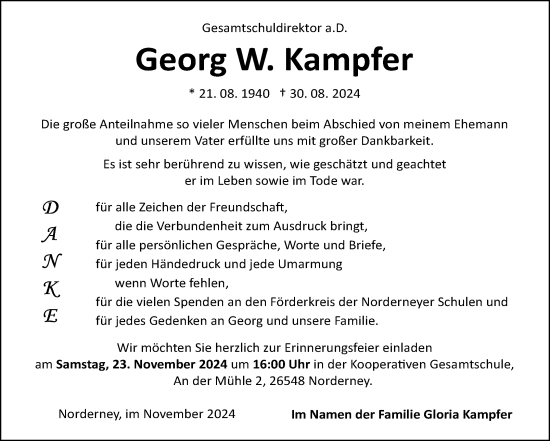 Traueranzeige von Georg W. Kampfer von Ostfriesischer Kurier