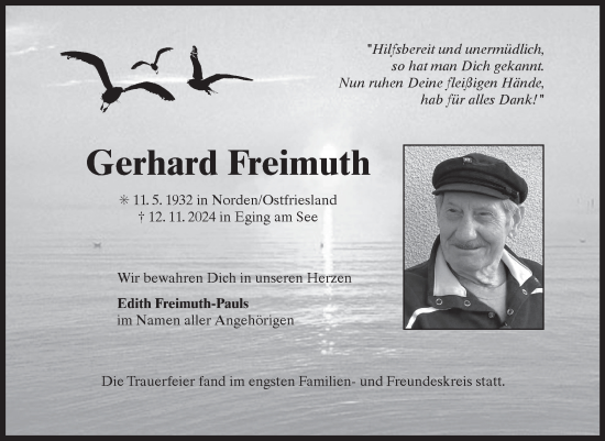 Traueranzeige von Gerhard Freimuth von Ostfriesischer Kurier