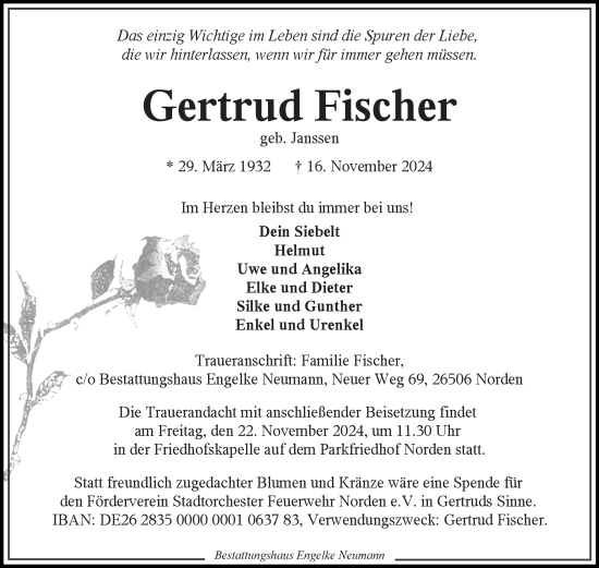 Traueranzeige von Gertrud Fischer von Ostfriesischer Kurier