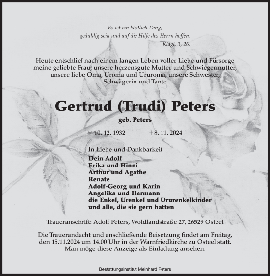 Traueranzeige von Gertrud Peters von Ostfriesischer Kurier