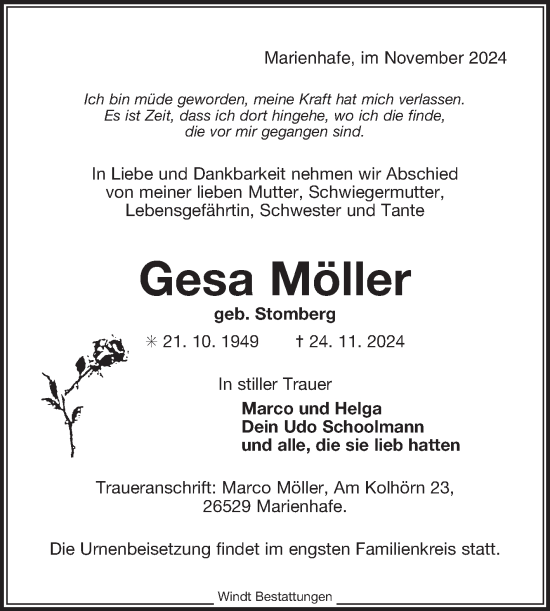 Traueranzeige von Gesa Möller von Ostfriesischer Kurier