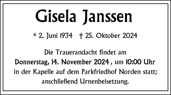Traueranzeige von Gisela Janssen von Ostfriesischer Kurier