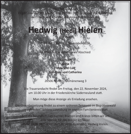 Traueranzeige von Hedwig  Hielen von Ostfriesischer Kurier