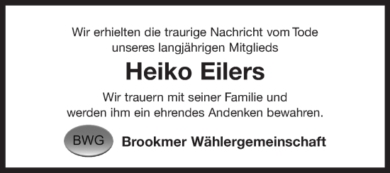 Traueranzeige von Heiko Eilers von Ostfriesischer Kurier