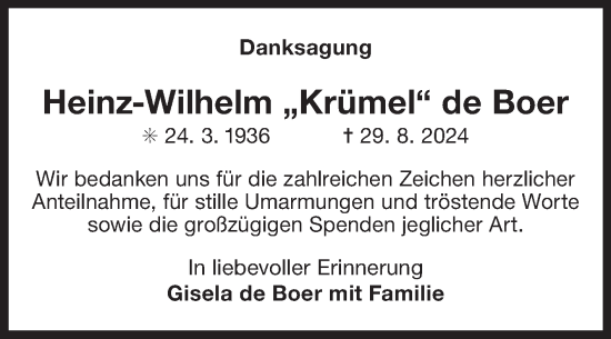 Traueranzeige von Heinz-Wilhelm de Boer von Ostfriesischer Kurier
