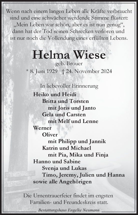Traueranzeige von Helma Wiese von Ostfriesischer Kurier