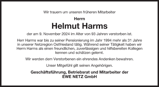 Traueranzeige von Helmut Harms von Ostfriesischer Kurier
