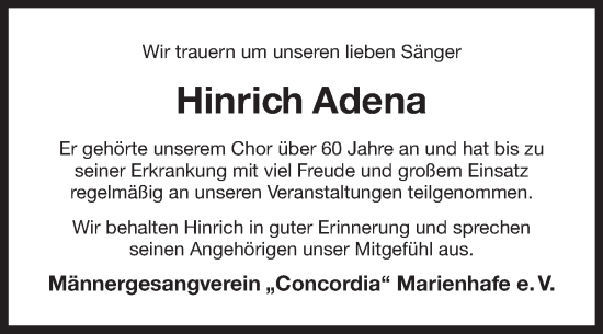 Traueranzeige von Hinrich Adena von Ostfriesischer Kurier