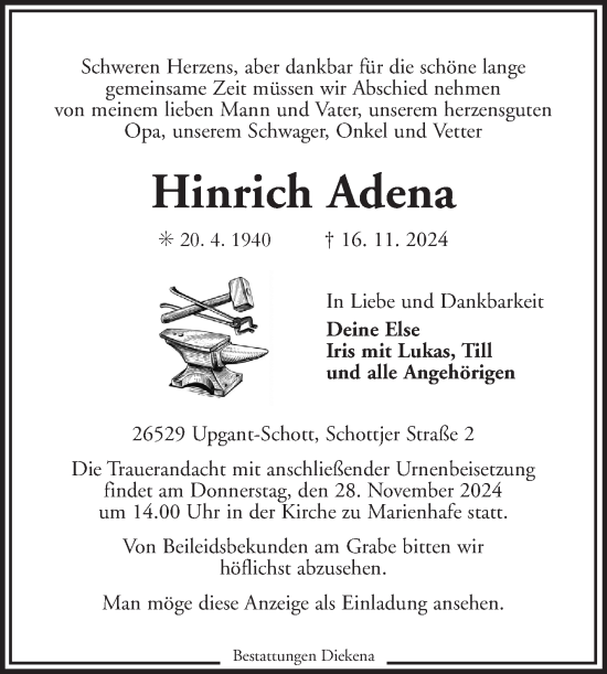 Traueranzeige von Hinrich Adena von Ostfriesischer Kurier