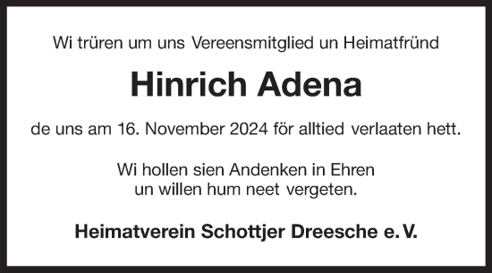 Traueranzeige von Hinrich Adena von Ostfriesischer Kurier