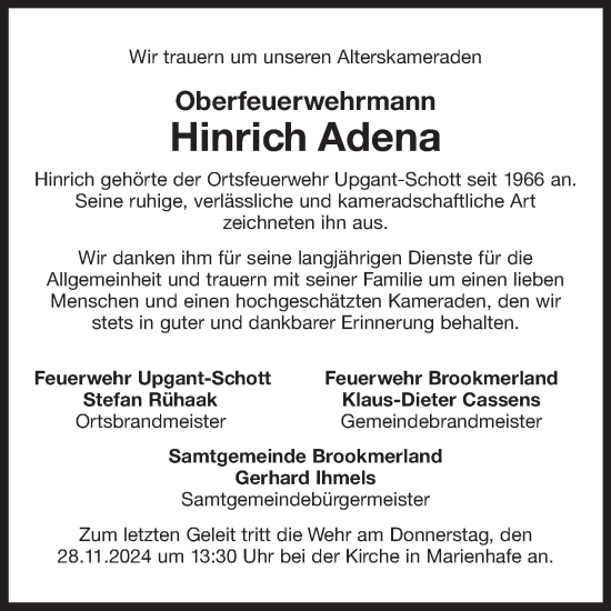 Traueranzeige von Hinrich Adena von Ostfriesischer Kurier