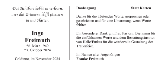 Traueranzeige von Inge Freimuth von Ostfriesischer Kurier