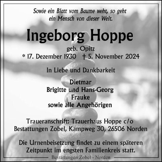 Traueranzeige von Ingeborg Hoppe von Ostfriesischer Kurier