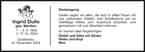 Traueranzeige von Ingrid Duits von Ostfriesischer Kurier