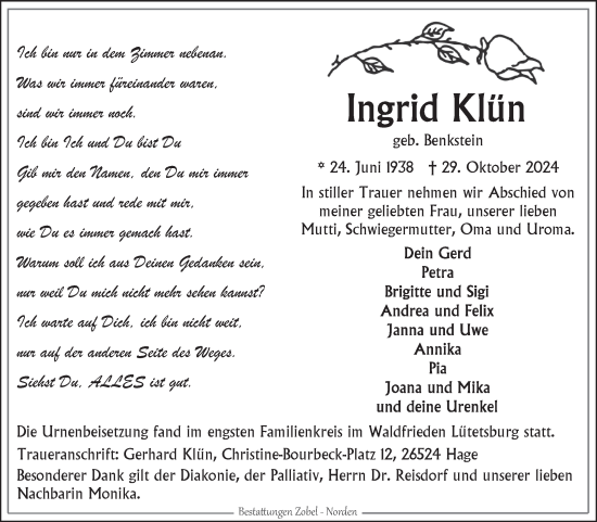 Traueranzeige von Ingrid Klün von Ostfriesischer Kurier