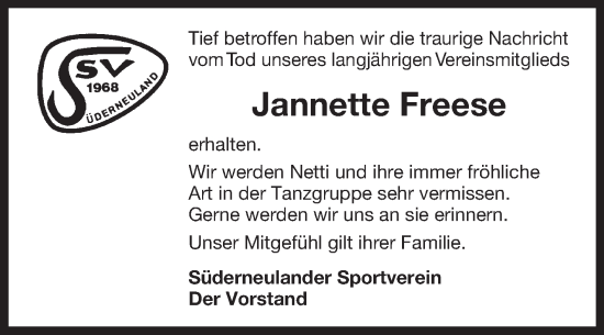 Traueranzeige von Jannette Freese von Ostfriesischer Kurier