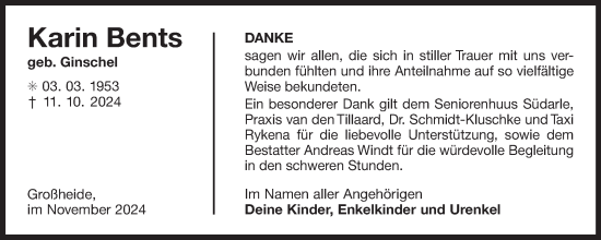 Traueranzeige von Karin Bents von Ostfriesischer Kurier
