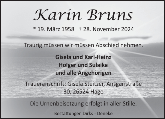 Traueranzeige von Karin Bruns von Ostfriesischer Kurier
