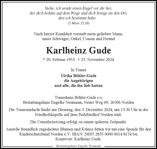 Traueranzeige von Karlheinz Gude von Ostfriesischer Kurier