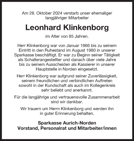 Traueranzeige von Leonhard Klinkenborg von Ostfriesischer Kurier