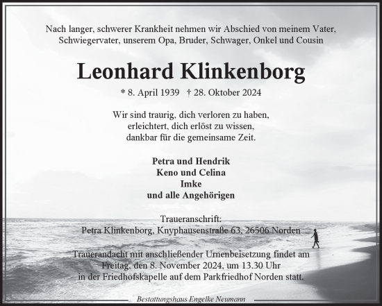 Traueranzeige von Leonhard Klinkenborg von Ostfriesischer Kurier