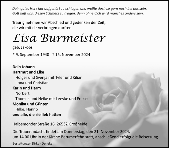 Traueranzeige von Lisa Burmeister von Ostfriesischer Kurier