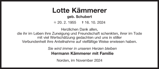 Traueranzeige von Lotte Kämmerer von Ostfriesischer Kurier