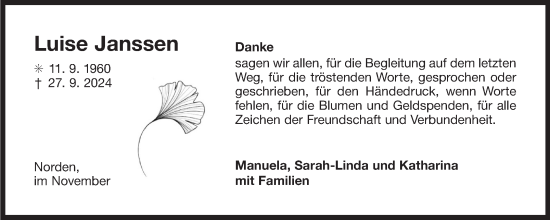 Traueranzeige von Luise Janssen von Ostfriesischer Kurier